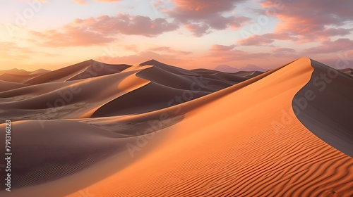 Panoramic view of sand dunes in the Sahara desert at sunset