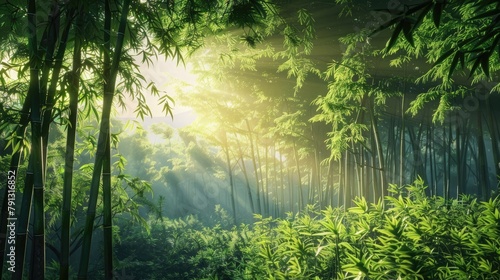 A tranquil bamboo forest alive with the whisper of rustling leaves and the chirping of hidden birds, its dense canopy filtering the sunlight into dappled patterns of shade and light,  photo