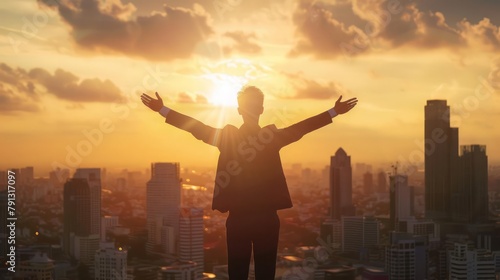 bathed in the golden light of victory, a businessman stands tall, his silhouette sharp against the cityscape His arms reach for the sky, a beacon of determination and resilience that has conquered eve photo