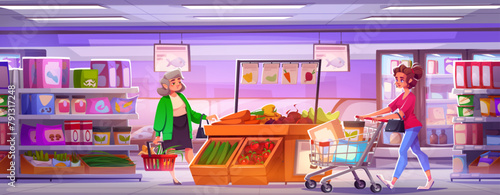 People in grocery supermarket. Store interior cartoon background. Shelf inside shop and mall aisle with food on rack. Woman holding basket in mall gastronomy department with vegetable showcase design photo