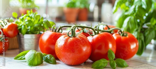 Close up of local tomatoes being prepared in bright kitchen for a delicious fresh salad