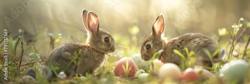 Adorned in tiny, lopsided Easter bonnets, a pair of rabbits tiptoe through a field dotted with pastel eggs Their twitching noses lead them on a whimsical treasure hunt, each discovery met with a happy photo