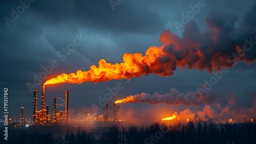 Industrial Pollution: Combustion Byproducts Released from Oil Refinery Flare Stacks. Concept Industrial Pollution, Combustion Byproducts, Oil Refinery, Flare Stacks, Environmental Impact