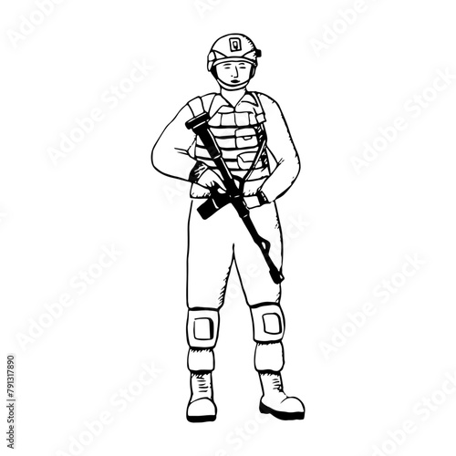 Vector standing soldier in uniform black and white ink illustration for Veteran and Independence Day. Front view