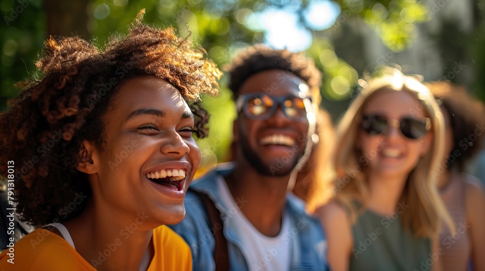 Fototapeta premium A group of joyful diverse friends sharing laughter in a lush park on a bright sunny day, summer party