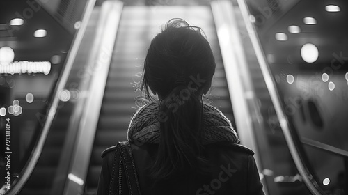 As the woman ascends the stairs to the aircraft, she glances back at the terminal with anticipation, eager to explore new destinations photo