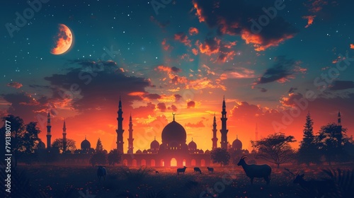 Eid Al Adha Poster Concept with Goat and Mosque Background photo