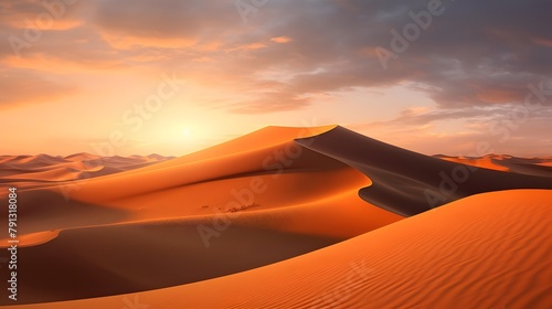 Desert sand dunes panorama at sunset. 3d render