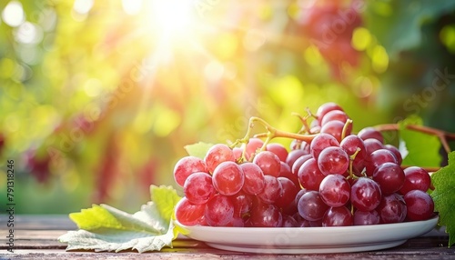 Sunlit garden view with ripe grape clusters on a white plate, epitomizing a sunny summer day