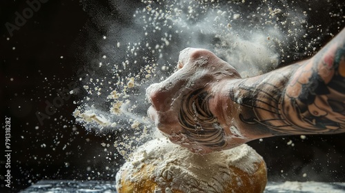 Flour dusts a strong arm adorned with a whimsical whisk tattoo, its muscles flexing rhythmically as it kneads dough with practiced ease, transforming a mound of ingredients into a promise of golden lo