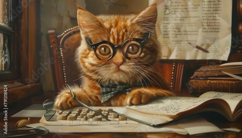 Sporting a tiny pair of spectacles and a dapper bowtie, a ginger tabby diligently paws at a miniature keyboard, its brow furrowed in concentration   the picture of a feline office worker chasing a dea photo
