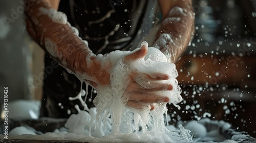 Soap suds rise and fall on his arms like a miniature, foamy ocean, a testament to his tireless efforts as he tackles grime and clutter, transforming the space into a haven of order photo