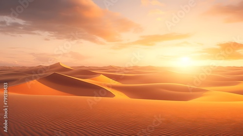 Desert sunset panorama with sand dunes. 3d render