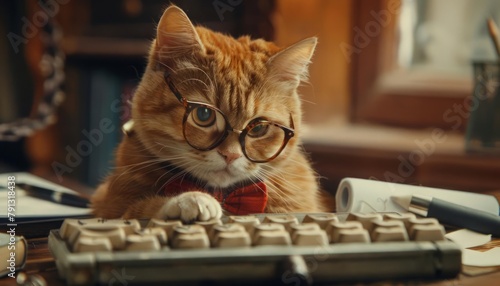 Sporting a tiny pair of spectacles and a dapper bowtie, a ginger tabby diligently paws at a miniature keyboard, its brow furrowed in concentration   the picture of a feline office worker chasing a dea photo