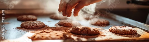 Sunlight streams through the window, highlighting a hand dusted with cocoa powder as it carefully lifts delicate sugar cookies from a baking sheet, a testament to the precision and artistry required i