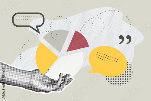 Trendy halftone collage of business concept. business report, market research, planning, analytics, analysis.Vector illustration of web banner, social media banner.