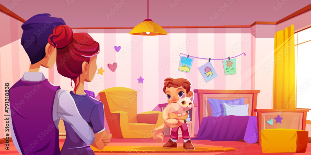 Cute kid love cat and family in house bedroom. Mother and father watching on baby toddler hugging kitty indoor nursery apartment with bed and armchair. Friendship in childhood for preschool pet owner - obrazy, fototapety, plakaty 