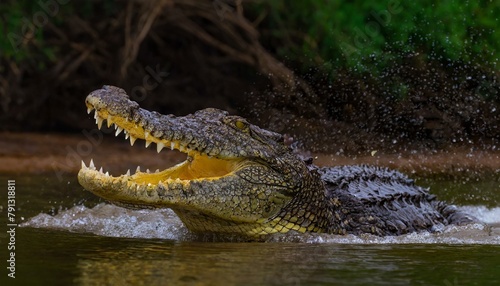 A saltwater crocodile (Crocodylus porosus) opens its jaws as it erupts out of the Hunter River, part of the Kimberley Region; Western Australia, Australia