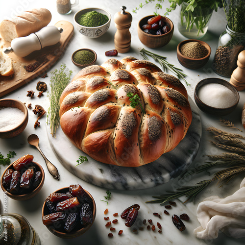 Khameer Bread with Dates on White Marble Countertop photo