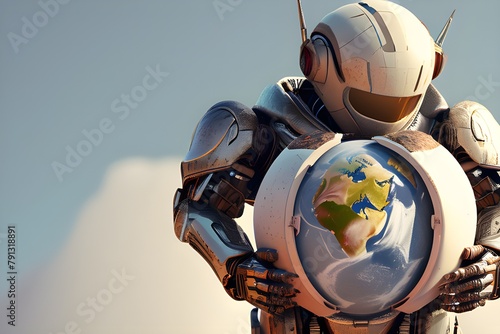 a robot hugging the world. robots are the future
