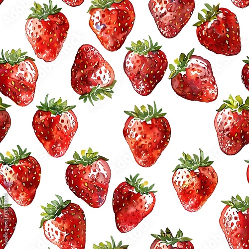 Seamless pattern with watercolor strawberries and leaves on white background