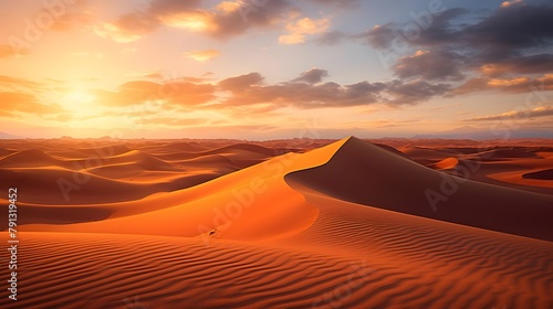 Sunset over the sand dunes in the Sahara desert  Morocco