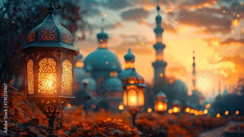 eid adha wallpaper, lantern and mosque background illustration