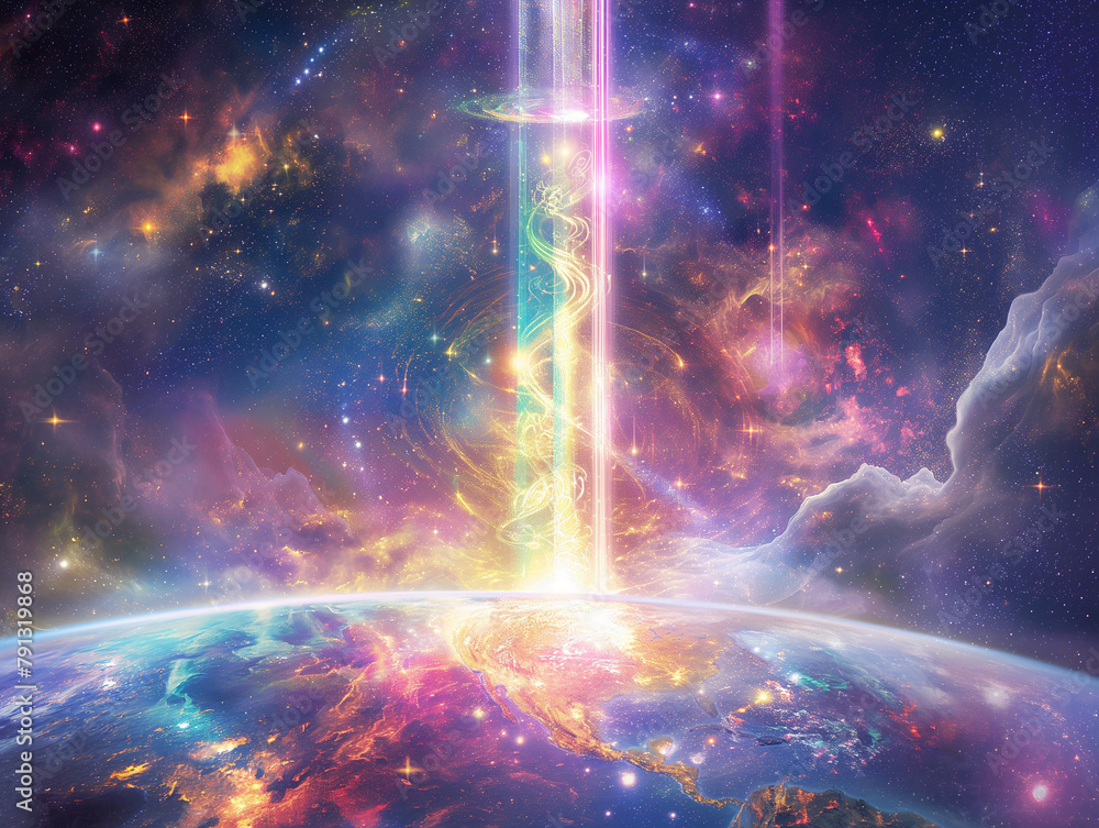 Earthly Illumination: Pillar of Light Amidst the Cosmos,high dimension Earth