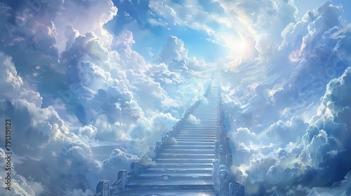 Fantasy architecture up stairway to heaven afterlife with beautiful white cloud at blue sky photo