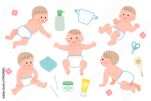 おむつをはいた赤ちゃんとスキンケア用品のイラストセット
