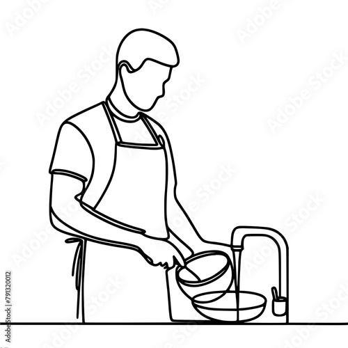 a man in an apron washes dishes with his hands, one line vector drawing