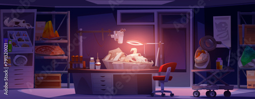 Archaeologist lab room with dinosaur fossil vector cartoon. Scientist laboratory with desk on wheels, dino bone, lamp and magnifier equipment to research and study extinction animal illustration © klyaksun