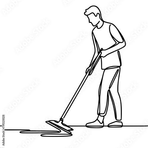 man mopping the floor, one black vector line drawing on white background