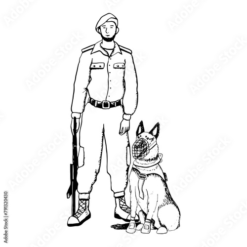 Black and white soldier taking oath with K9 dog vector graphic illustration for patriotic military designs © Elena Malgina