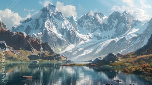 A tranquil alpine lake nestled amidst snow-capped peaks, its emerald waters reflecting the surrounding mountains and the azure sky above, with a lone boat drifting on the surface.