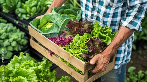 Close up young farmer hands holding a box of organic vegetables in agriculture farm, Harvesting organic fresh food in garden for healthy life and good nutrition © CYBERUSS