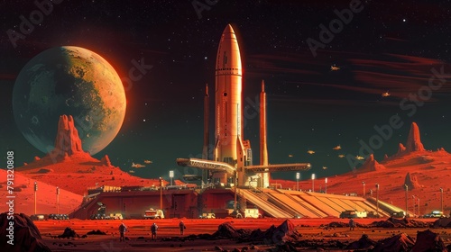 Active spaceport on Mars with spacecraft, astronauts, and a distant planet in the sky.
