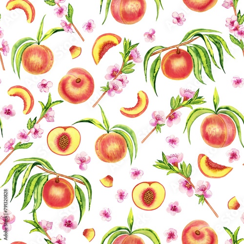 Watercolor peaches and flowers seamless watercolor pattern. Ripe fruits and leaves endless hand drawn background. For fabric and wallpaper.