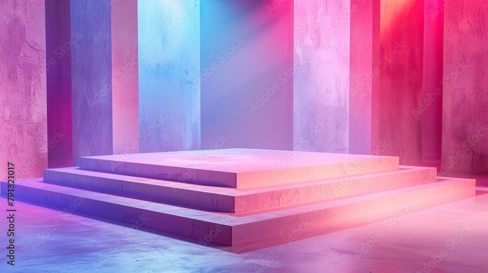 Futuristic empty podium for product presentation. Neon light effect. Futuristic empty podium for product presentation. Neon light effect.