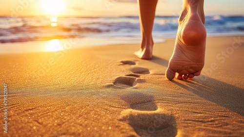 Detailed view of bare feet on sandy beach, highlighting the intimate connection with nature
