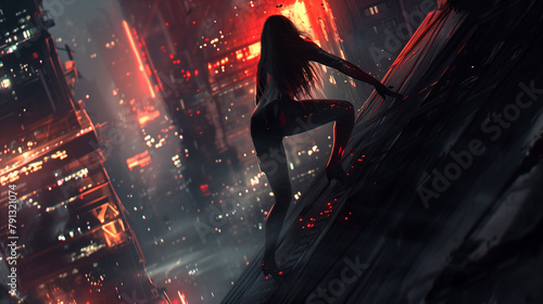 A lithe woman, clad in a skintight suit, freehand solo ascends a steep skyscraper without any equipment, while the dazzling lights of the city shine below her. photo