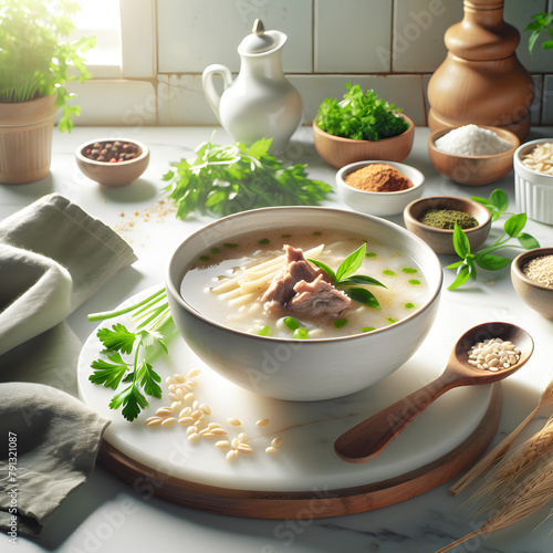 Yarma Soup with Barley and Lamb on Marble Counter photo