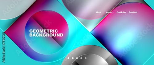 A colorful geometric background featuring circles and squares in shades of purple, violet, pink, and magenta on an electric blue backdrop, creating a vibrant and eyecatching pattern