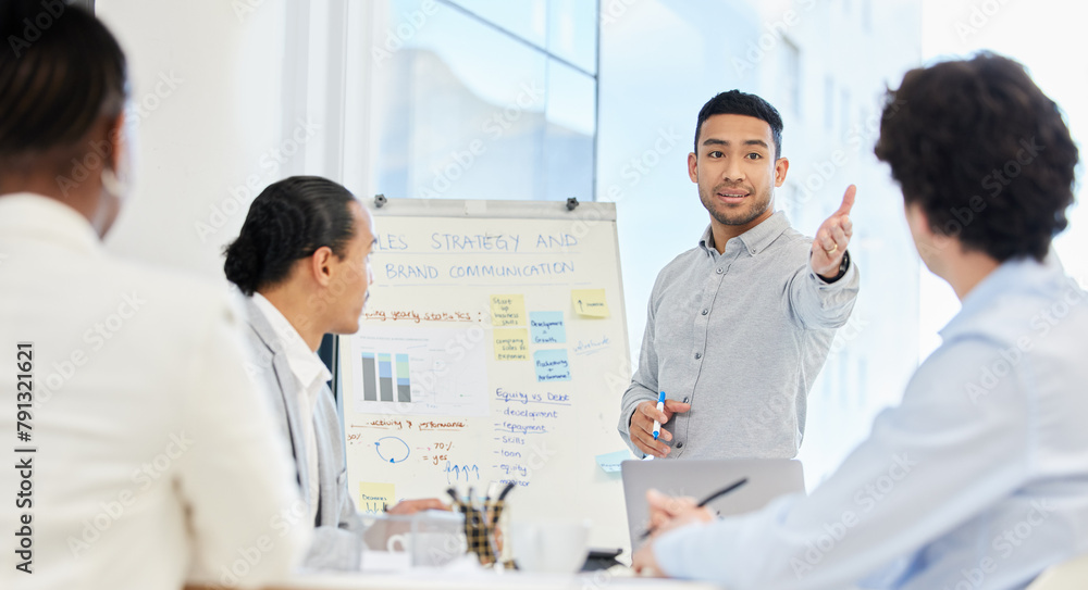 Fototapeta premium Asian man, business and graphs presentation with teamwork or statistics, market research or growth. Male person, boardroom and financial plan or company charts for strategy data, coach or results
