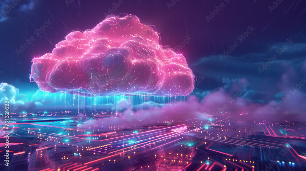 Futuristic Cloud Computing Concept in a Neon Cyber Cityscape