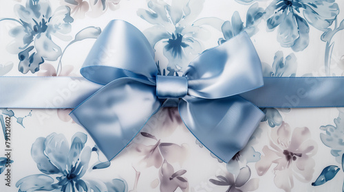 Elegant Blue Bow on Floral Patterned Background photo