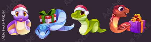 Cute snake cartoon character for Christmas and New Year design. Animal symbol of 2025 year in Santa hat and with wrapped gift boxes. Vector illustration set of funny childish crawling serpent. © klyaksun