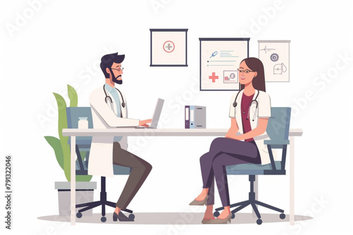 Woman at a doctors appointment in a medical office. Doctor and patient, scheduled health check 3D avatars set vector icon, white background, black colour icon
