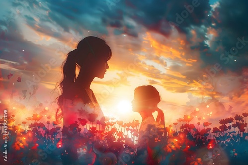 Mother and Child Sharing a Moment as the Sun Sets Behind Them  a Majestic Canvas of Love and Warmth on Mothers Day 