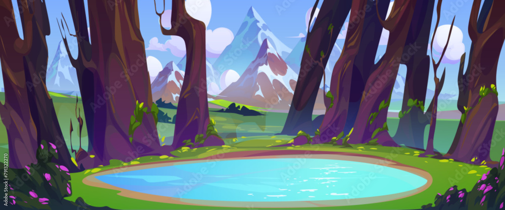 Lake in forest with mountains on background. Cartoon spring or summer vector landscape with water pond, trees and green grass on banks, high rocky hills and blue cloudy sky. Natural woodland scenery. - obrazy, fototapety, plakaty 
